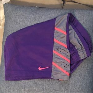 Purple shorts with Coral stripes and gray accents